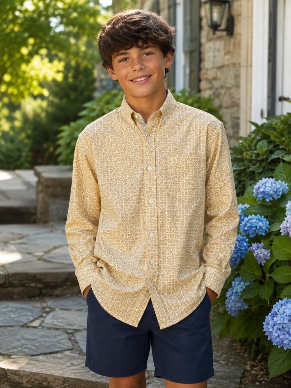 Panhandle Boys Size 14 Western Button Down Shirt Yellow Geometric Print Ranch